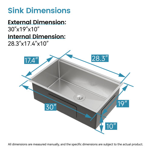 Stainless Steel Kitchen Sink, 30″x19″ Single Bowl, Undermount Handmade Sink in Brushed, with Cutting Board, Colander