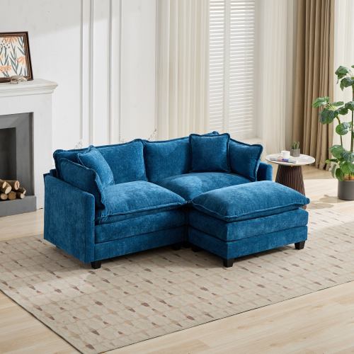 Blue Cloud-Style Modular Loveseat Sofa, Breathable Chenille Fabric, Double-Layer Cushion, Ottoman Not Included