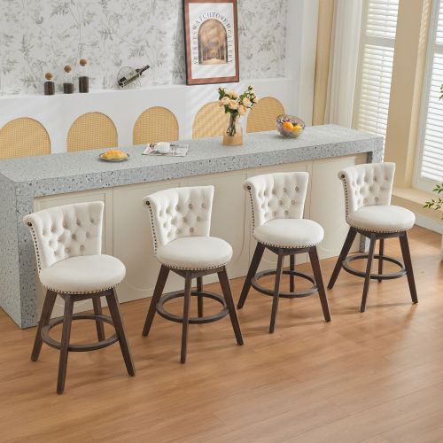 26inch Counter Height Bar Stools Set of 2, 360¡ã Swivel Stools with Back & Hand - Tufted Button - Trimmed Edges, Upholstered Velvet Kitchen Counter Stools on Wood Legs,Beige