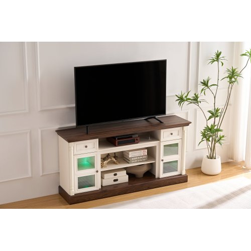 70 Inch Farmhouse Roman Column TV Stand with LED Lights for 80 Inch Large TV
