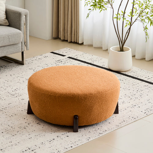 Round Boucle Ottoman, Pumpkin Orange Upholstered Footrest with Splayed Rubber Wood Legs, Multi-Scene Accent Stool