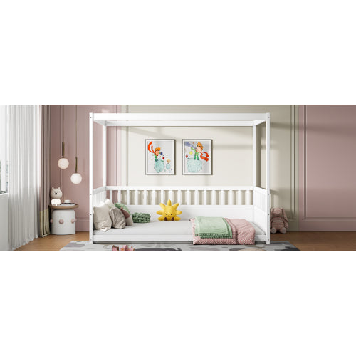 Full Size Canopy Bed Frame with Guardrails for Kids,Floor Bed Full with Four Poster Design,Kids Montessori Floor Bed,Wood Canopy Bed Frame for Girls,Boys(Full,White)