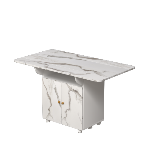 Folding Dining Table with Storage Cabinet Wheels and Marble Finish White