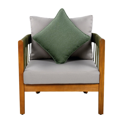 Acacia Wood Outdoor Club Chair with Handwoven Rope Accents & Curved Backrest - Water-Resistant Boho Patio Lounge Chair with Removable Cushions for Porch, Garden