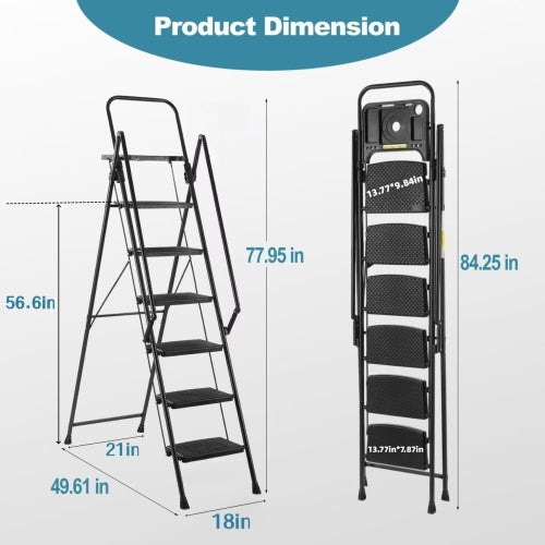 Folding step stool with bandwidth anti slip pedals and tool trays, lightweight and portable steel step stool, perfect for kitchen and home, indoor and outdoor use, sturdy steel steps (6 levels)