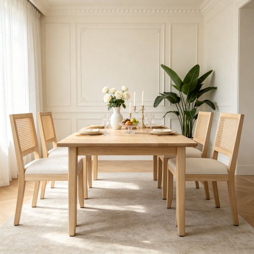 2-Piece Farmhouse Rattan Dining Chairs, Mid-Century Cane Low Back Chairs, Natural Solid Wood Frame & Breathable Linen Upholstery, Beige