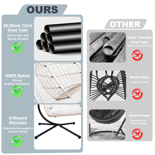 Foldable Hanging Egg Chair with Stand and Pillow, HDPE Rattan and Heavy Duty Aluminum-Steel Frame, Outdoor Patio Wicker Swing Egg Chair with Headrest and Cushioned, (Beige)