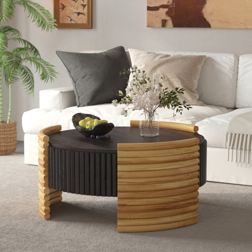 31.5inch Round Flip-Top Coffee Table, Colorblock Striped MDF with Wood Veneer