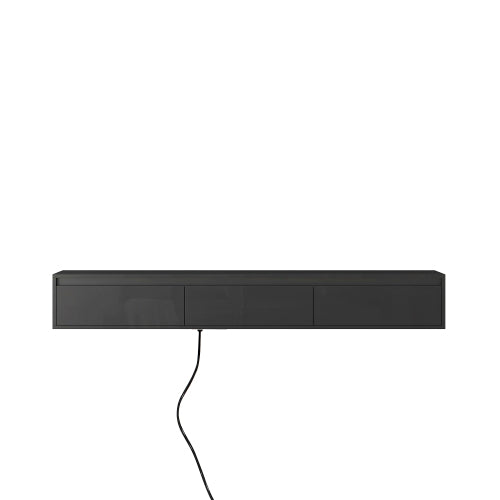 Black Wall Mount High Gloss Floating TV Cabinet with Touch LED Strip & Power Outlet