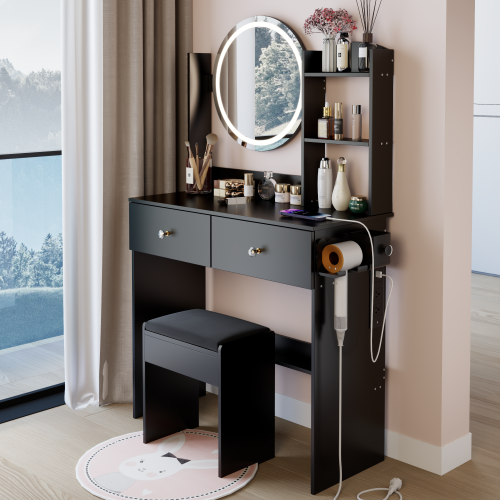 17inch Round LED Mirror Vanity Table+Cushioned Stool, Equipped With 2 AC+2 USB Power Socket, Big Mirror, Touch Switch, 3 Colors, Adjustable Brightness, Large Desktop, Multi-layer High Capacity Storage