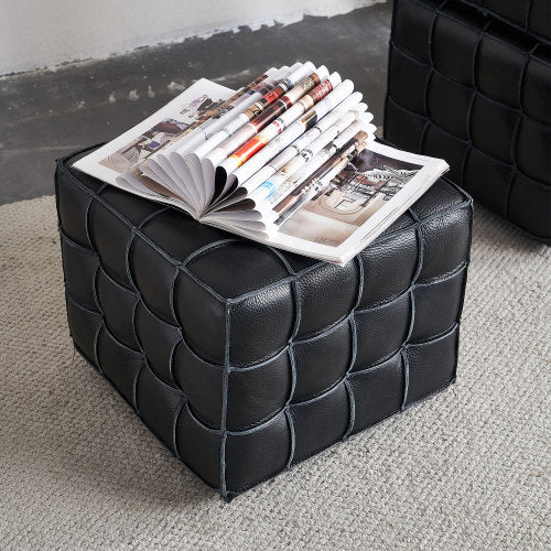 17.32 inch Genuine Leather Tufted Ottoman Footstool, Black