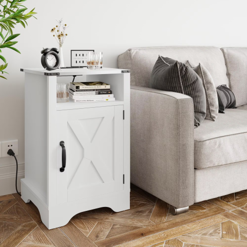 Farmhouse Nightstand with Charging Station, Wooden End Table with Storage Cabinet, White