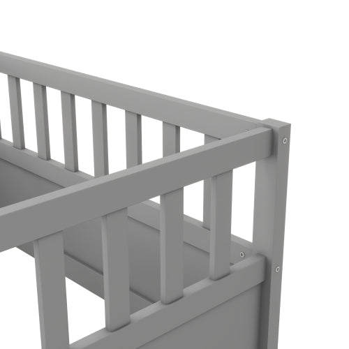 Twin Size Floor bed, integral construction with super high security barrier, door, children's floor bed frame, Montessori wooden children's floor bed, Grey