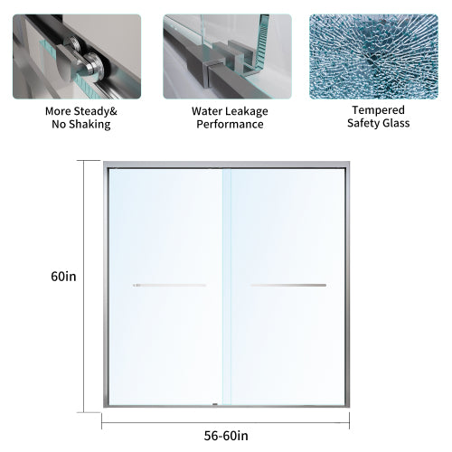56-60*60 INCH Frame Double Sliding soft-close Shower Doors, Bathroom Sliding Shower Door, (6mm) Thick SGCC Tempered Glass Door For Bathroom Door ,Brushed Nickel