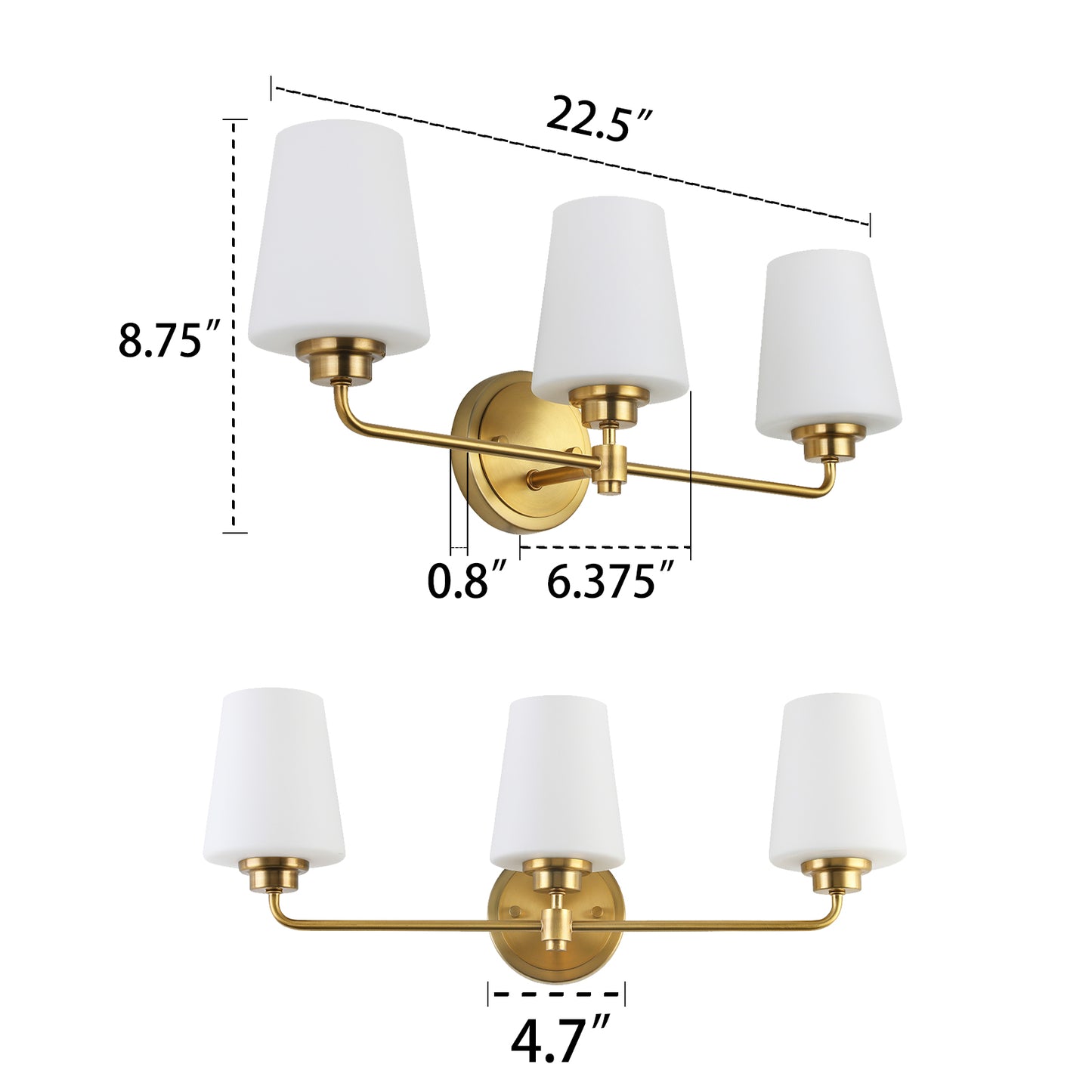 22.5 in. W 3-Light White Plus Gold Bathroom Vanity Light with Shade