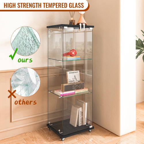Modern Glass Display Cabinet with LED lights, Quick-assembly Antique Cabinet, Tempered Glass Bookshelf, Suitable for Living Room and Bedrooms, 1-door 3-shelf, Black