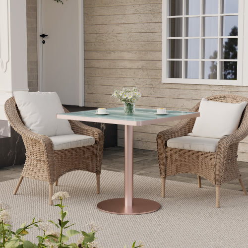 31.5 Inch Square Tulip Dining Table, Sintered Stone Marble Top Stainless Steel Base Indoor Outdoor Table