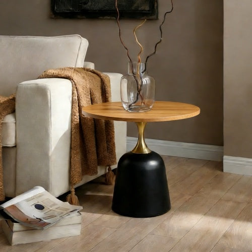 23.6inch Round Metal Base Side Table Wood Grain Modern Nordic Accent Sofa Table
