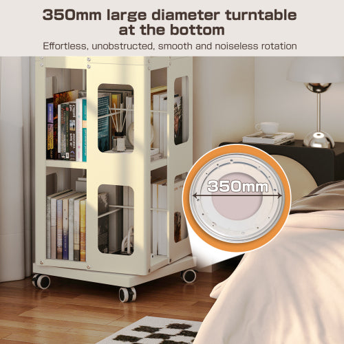 4-Tier All-Steel 360¡ã Rotating Bookshelf With Universal Wheels Space-Saving Sturdy Household Book Display Rack