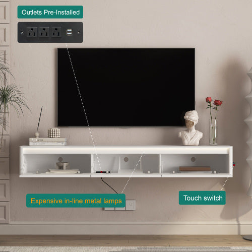 Fluted Floating Wall Mount TV Shelf with Touch LED Lighting & Power Charging Ports for Living Room