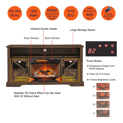 60 Inch Electric Fireplace Entertainment Center With Door Sensor-Reclaimed Barnwood Color