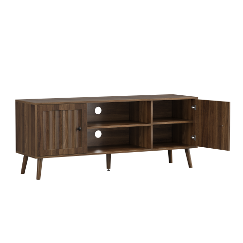 55 Inch Walnut Vertical Fluted Door Mid-Century TV Stand Adjustable Shelf Media Console Cabinet