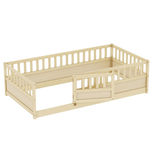 Twin Size Floor bed, integral construction with super high security barrier, door, children's floor bed frame, Montessori wooden children's floor bed,Natural Wood