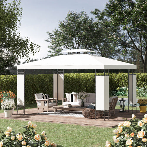 Outsunny 10' x 13' Patio Gazebo, Double Roof Outdoor Gazebo Canopy Shelter with Screen Decorate Corner Frame, for Garden, Lawn, Backyard and Deck, Cream White