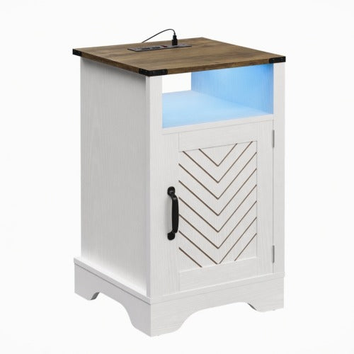 LED Nightstand with Charging Station, White & Rustic Oak Farmhouse Bedside Table 16inch x 16inch x 25inch