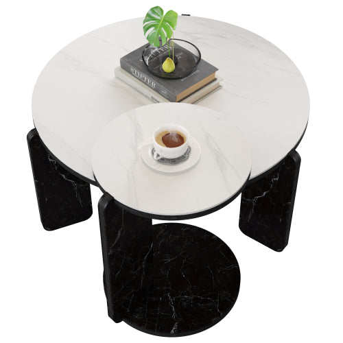 Set of 2 Round Nesting Coffee Tables, White Sintered Stone Top & MDF Frame, 32.68inch +16.93inch for Small Spaces