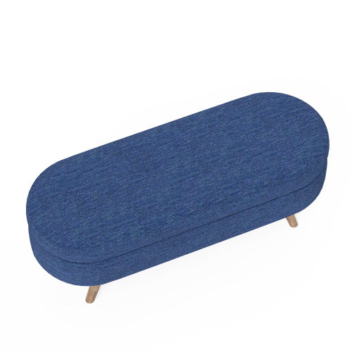 Blue Oval Linen Storage Ottoman Bench with Rubber Wood Legs, Upholstered Footrest 43.5 inch x16 inch x16 inch, 250 LBS Capacity