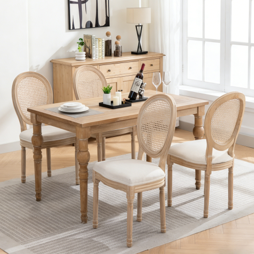 Rattan Back Wood Dining Chairs with Linen Seats, Set of 2, Beige