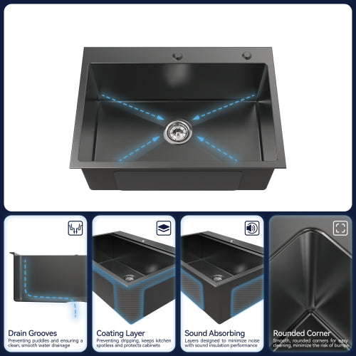 Stainless Steel Kitchen Sink, 27″x19″ Single Bowl, Overmount Handmade Sink in Black, with US Standard Drain and Hook, LS-SSBL01