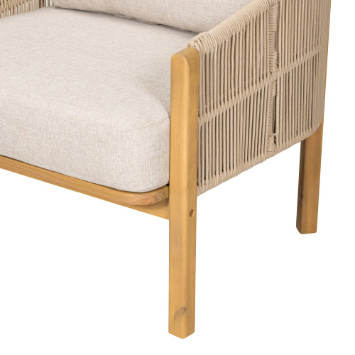 Grotta Outdoor Wood Club Chair, Beige Rope with Beige Cushion