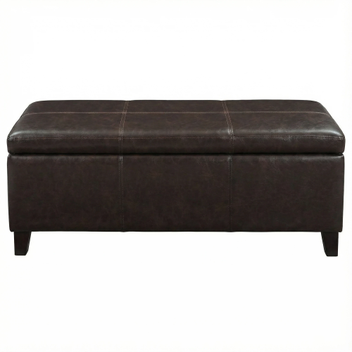 Distressed Brown Vegan Leather Storage Ottoman Bench, 50.25 Inch Assembled Entryway Bench with Safety Hinge