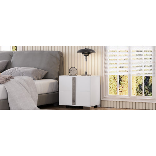 Modern End Table with Drawers, Elegant Nightstand with Metal Foot,Wood Bedside Table with Mirrored Metal Handles,Sofa Side End Table for Bedroom Living Room Office,White