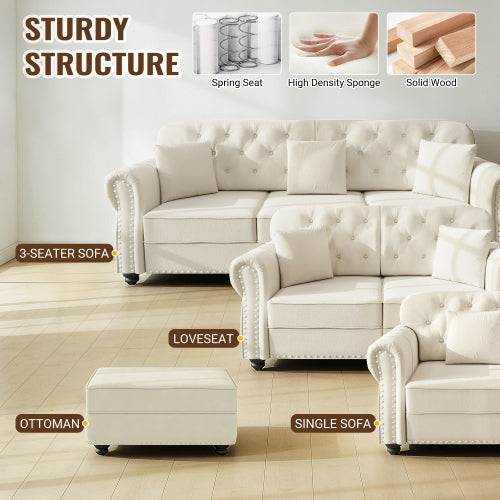 41.3 inch Beige-White Mid-Century Velvet Sofa,Nailhead Trim,Button Tufting,1 Pillow