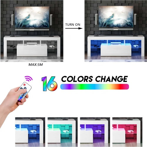 51 Inch High Gloss White LED TV Stand with Flip Door & Glass Shelf for 55 Inch TV