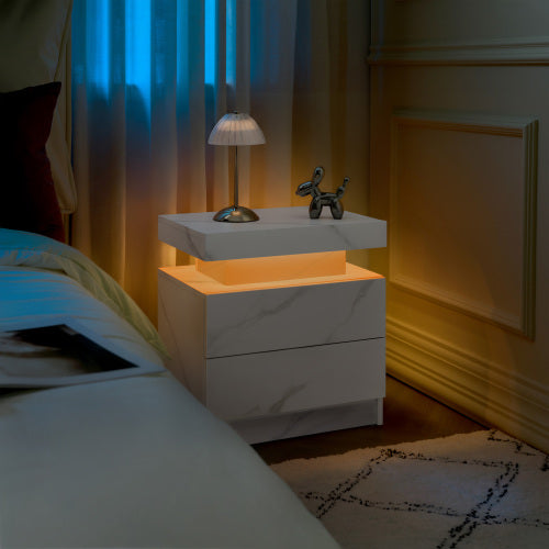 Nightstand LED Bedside Table Cabinet Lights Modern End Side with 2 Drawers for Bedroom (White Stone)