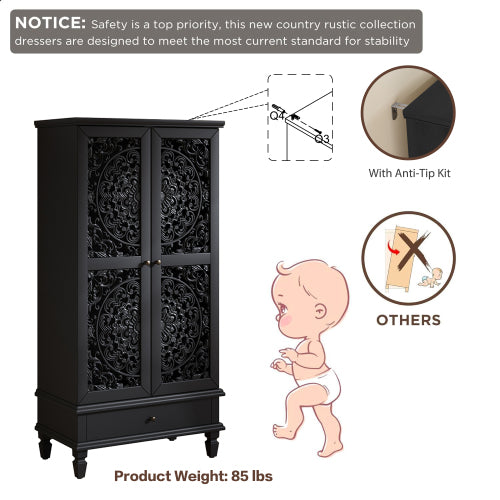 55 Inch Rustic Storage Cabinet with Drawer Carved Doors Black Accent Cabinet