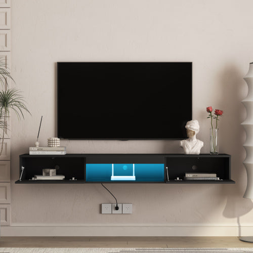 Black Floating TV Stand with 16 Color LED Lights and Storage