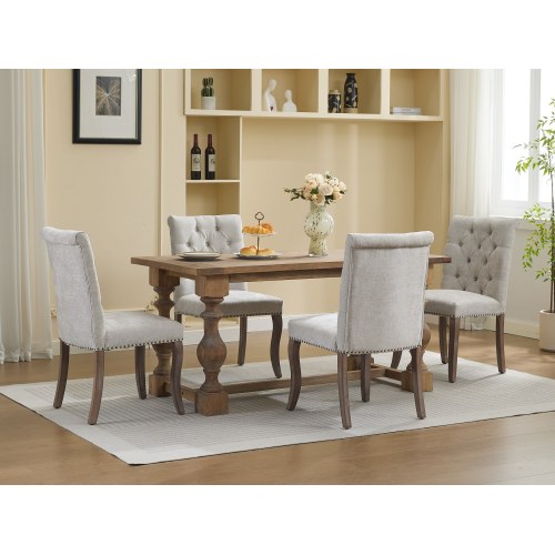 Upholstered Chenille Dining Chair Set of 2, Tufted Accent Chair with Curved Solid Wood Legs, Beige