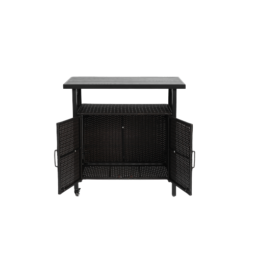 Outdoor Wicker Bar Cart, Patio Wine Serving Cart w/Wheels , Rolling Rattan Beverage Bar Counter Table w/Glass Top for Porch Backyard Garden Poolside Party, Black