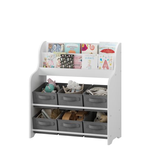 Kids Bookshelf With 6 Fabric Bins Front Display Toy Book Storage Cabinet