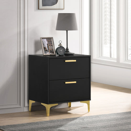 Black and Gold 2 Drawer Nightstand, Modern Bedside Table with Gold Metal Legs, Storage Cabinet for Bedroom