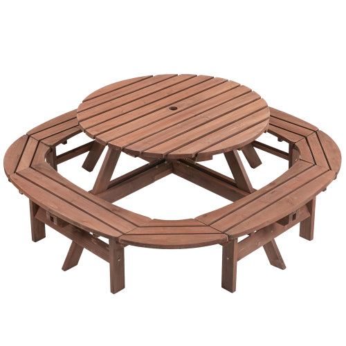 10-12-person Round Outdoor Wooden Picnic Table for Patio, Backyard, Garden, DIY with 1 Built-in Ring Stool, 500-lb Weight Capacity - Walnut Brown