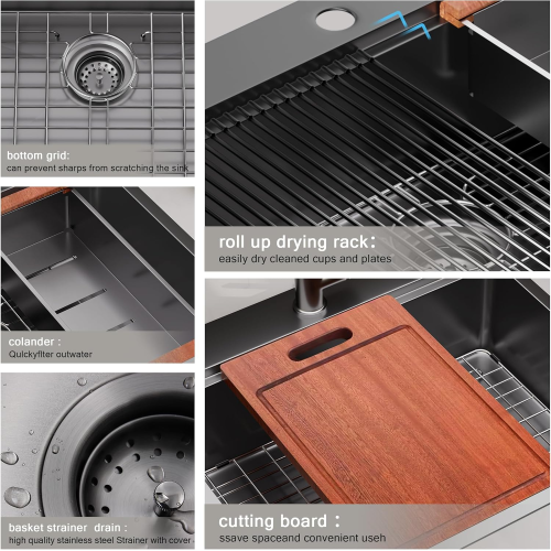 33 Inch Gunmetal Black Drop in Workstation kithchen Sink -33 "x 22" 16 Gauge Topmount Drop in Single Bowl Stainless Steel Kitchen Sink with Accessories