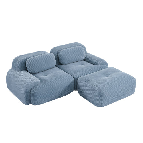 82 inch Blue Modular L-Shaped Corduroy Sofa, Curved Armrest, No Assembly
