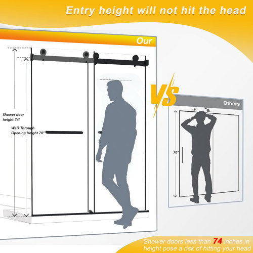 Frameless Double Sliding Shower Door 56-60 "W x 74" H, 5/16 "(8mm) Tempered Glass, Explosion Proof Film, Stainless Steel Handle, Square Tube Track, Matte Black