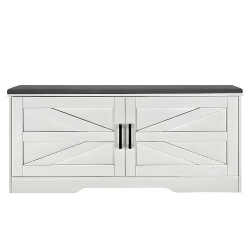 2-Tier Storage Bench, Farmhouse Shoe Bench with Padded Seat Cushion, Entryway Bench with 2 Barn Doors & 2 Adjustable Shelves, 13.75inch D x 39.4inch W x 17.72inch H, for Entryway, Bedroom, Living Room, White
